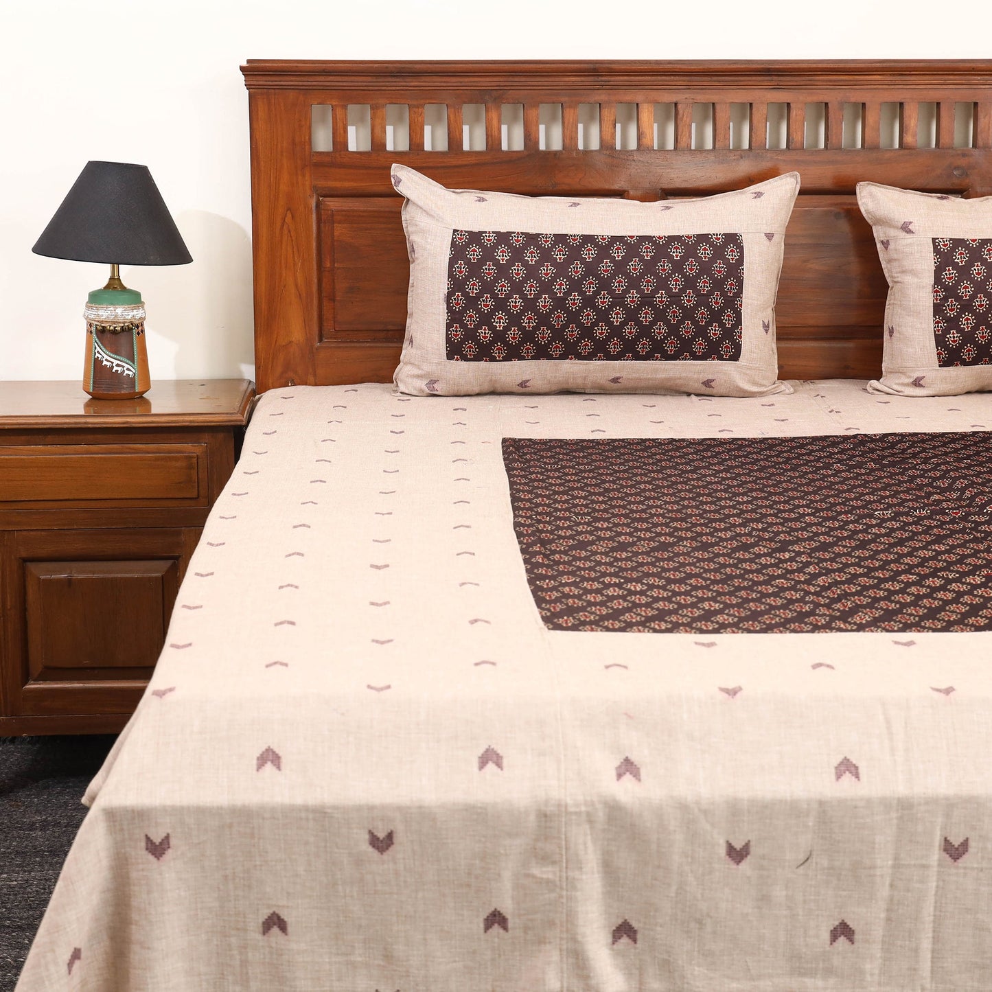 Beige Jacquard with Ajrakh Modal Silk Patch Cotton Bedsheet Set