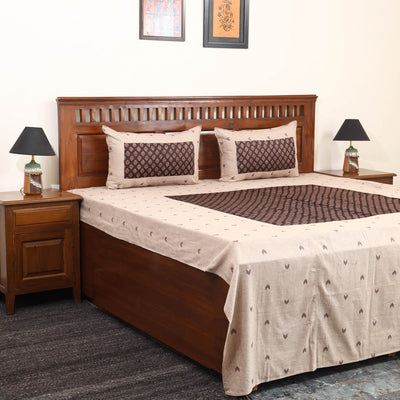 Beige Jacquard with Ajrakh Modal Silk Patch Cotton Bedsheet Set