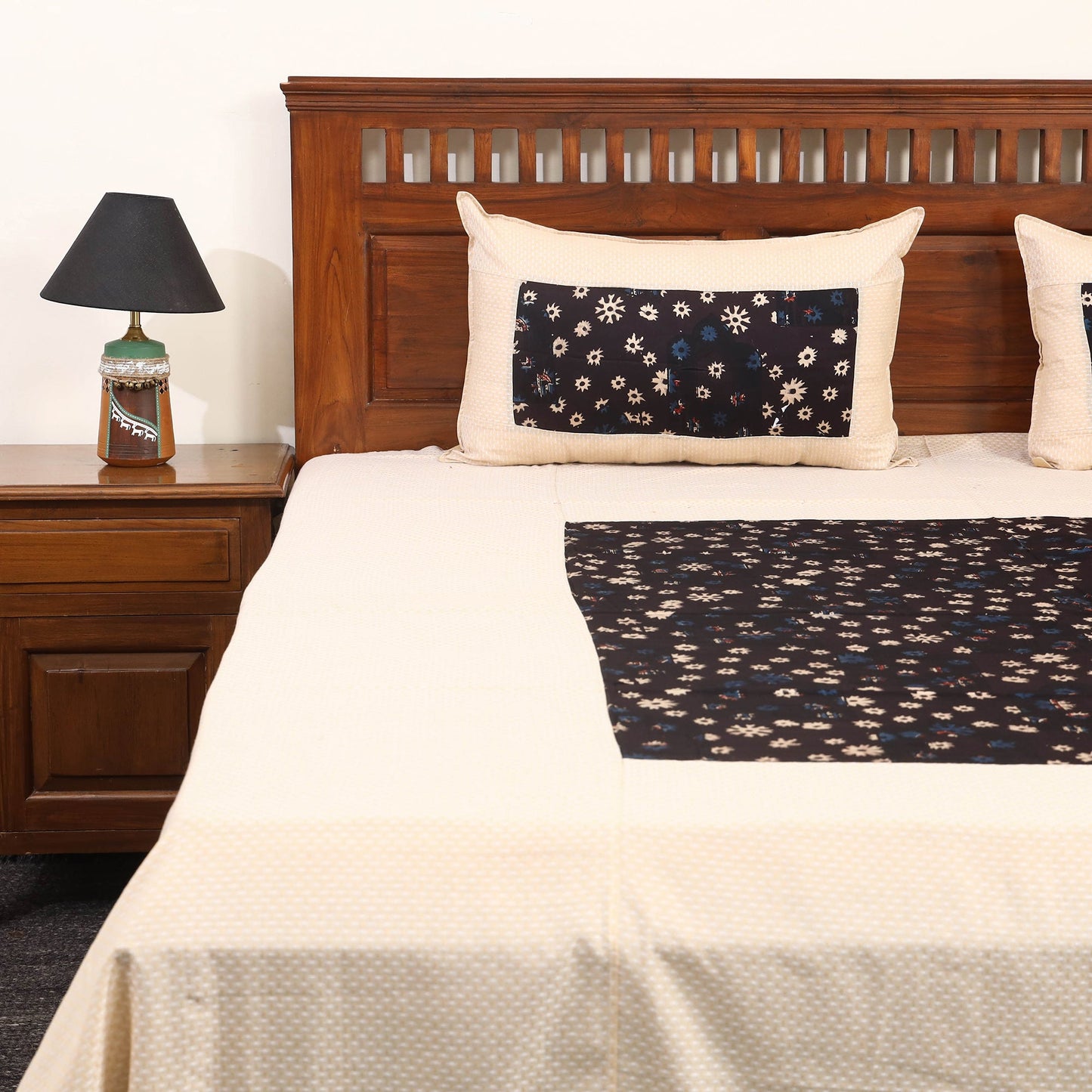 Beige Jacquard with Ajrakh Modal Silk Patch Cotton Bedsheet Set