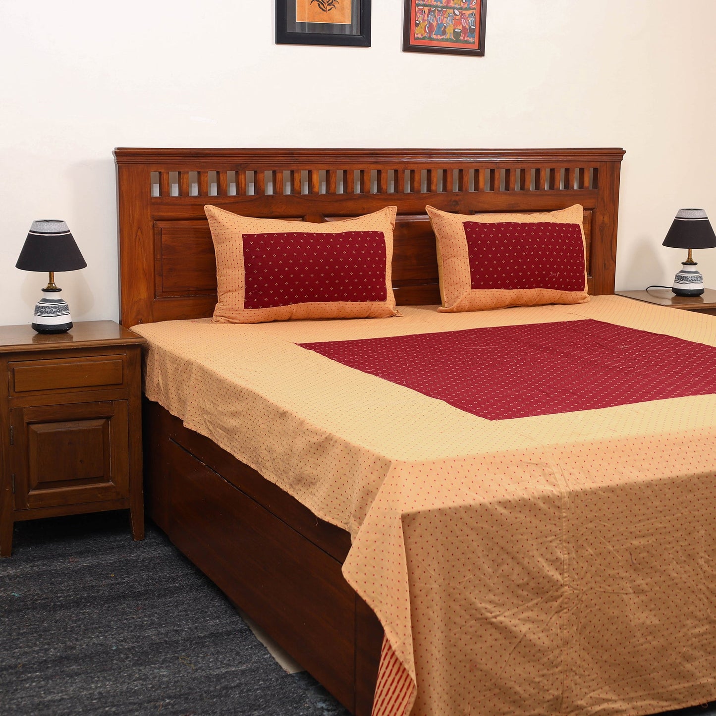 Beige - jacquard patchwork cotton double bed cover