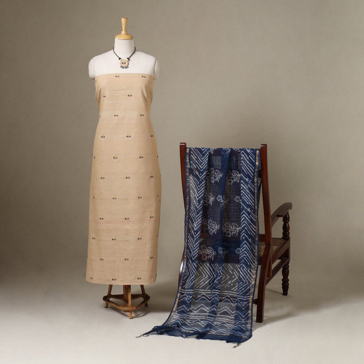 Beige Jamdani Cotton Dress Material with Jewellery Set