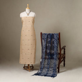 Beige Jamdani Cotton Dress Material with Jewellery Set