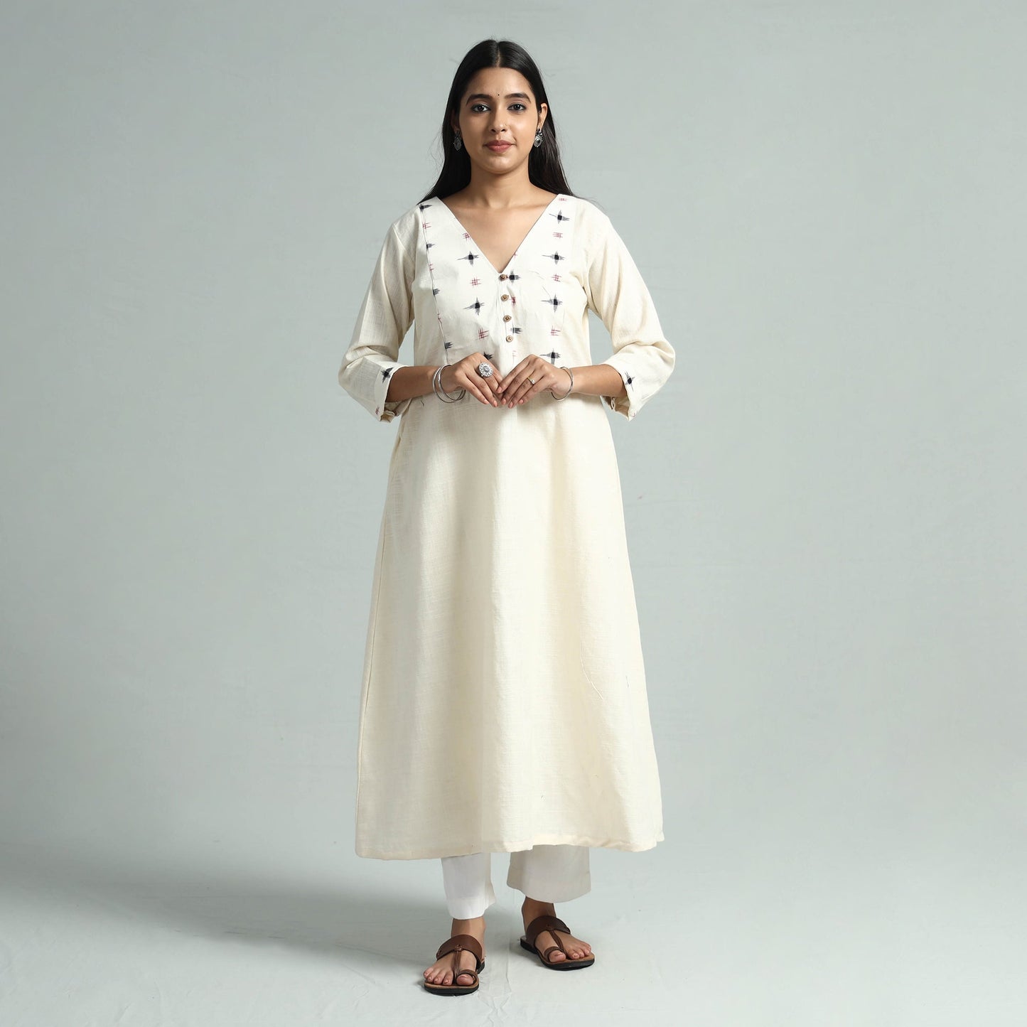 Beige - jhiri handloom cotton ikat patchwork a-line long