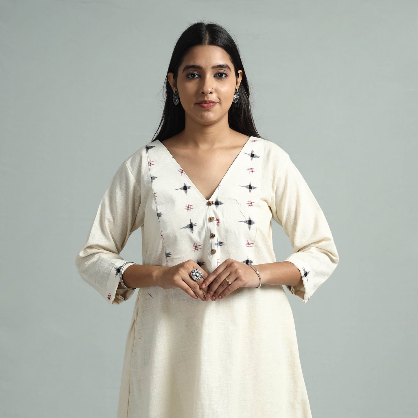 Beige - jhiri handloom cotton ikat patchwork a-line long