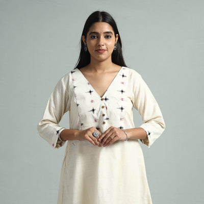 Beige - jhiri handloom cotton ikat patchwork a-line long