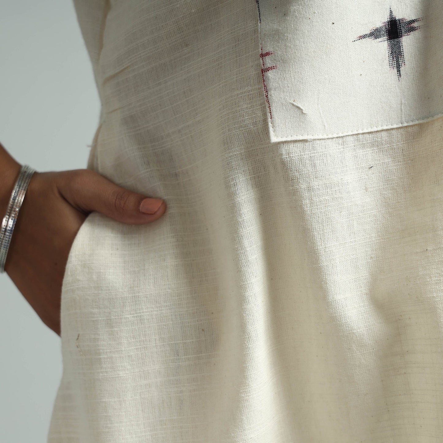 Beige - jhiri handloom cotton ikat patchwork a-line long