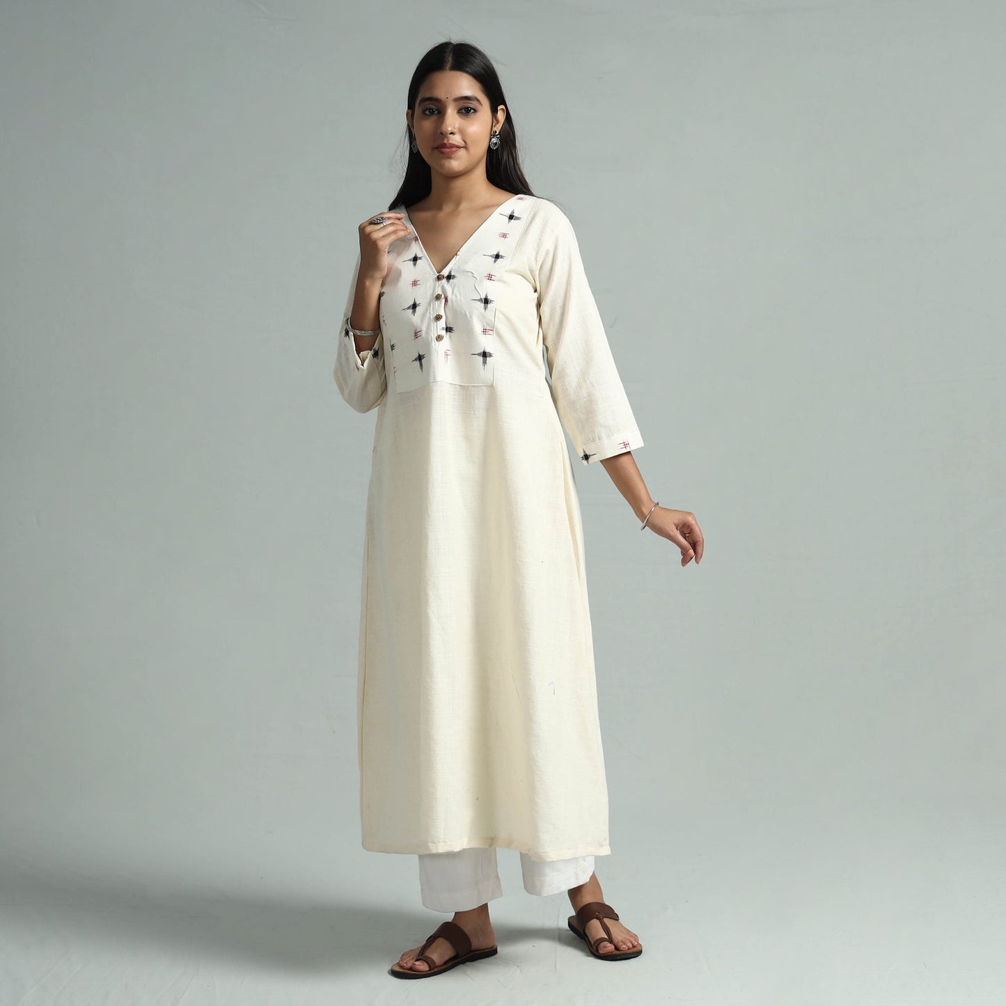 Beige - jhiri handloom cotton ikat patchwork a-line long