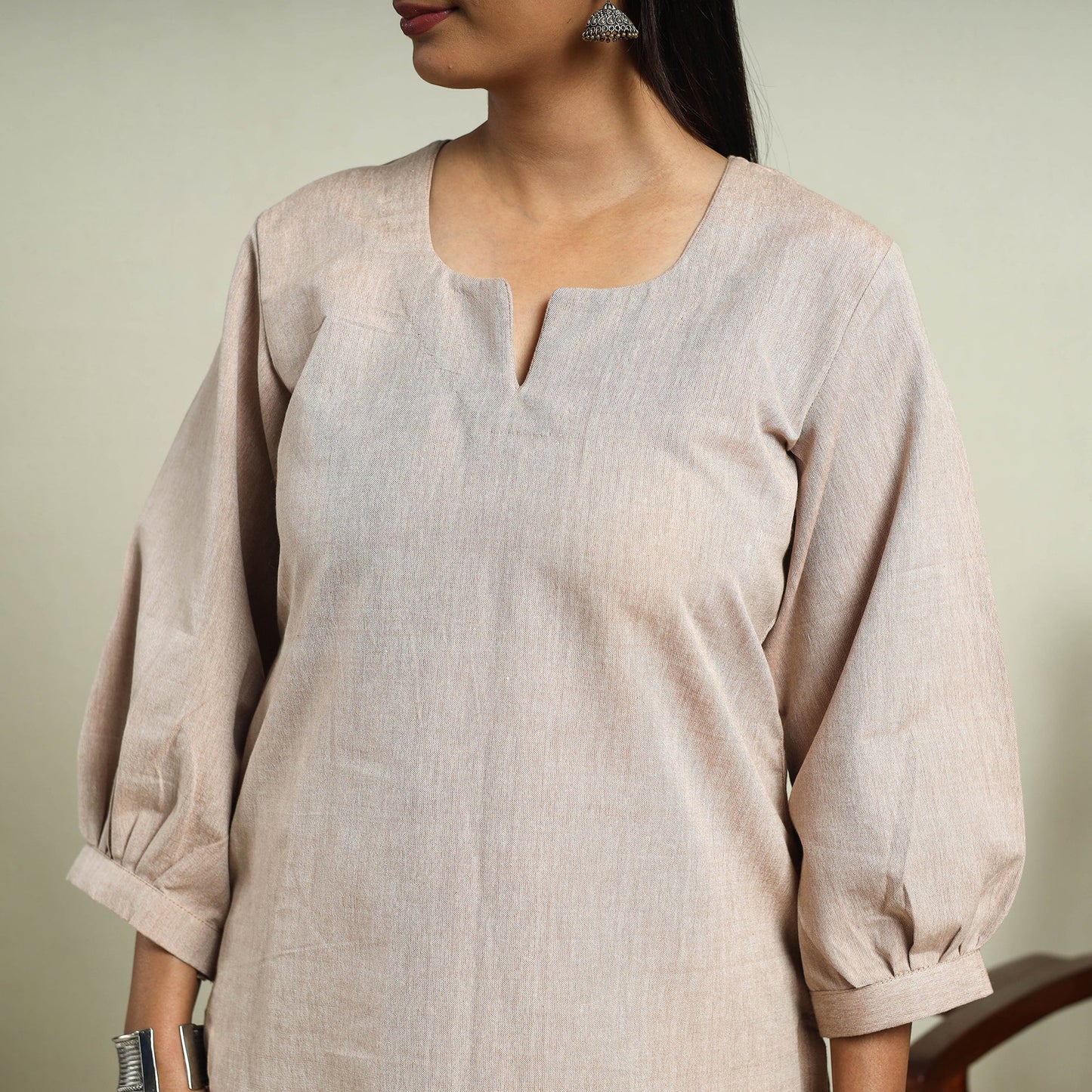  Beige Jhiri Handloom Straight Cotton Kurta for Women