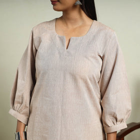  Beige Jhiri Handloom Straight Cotton Kurta for Women