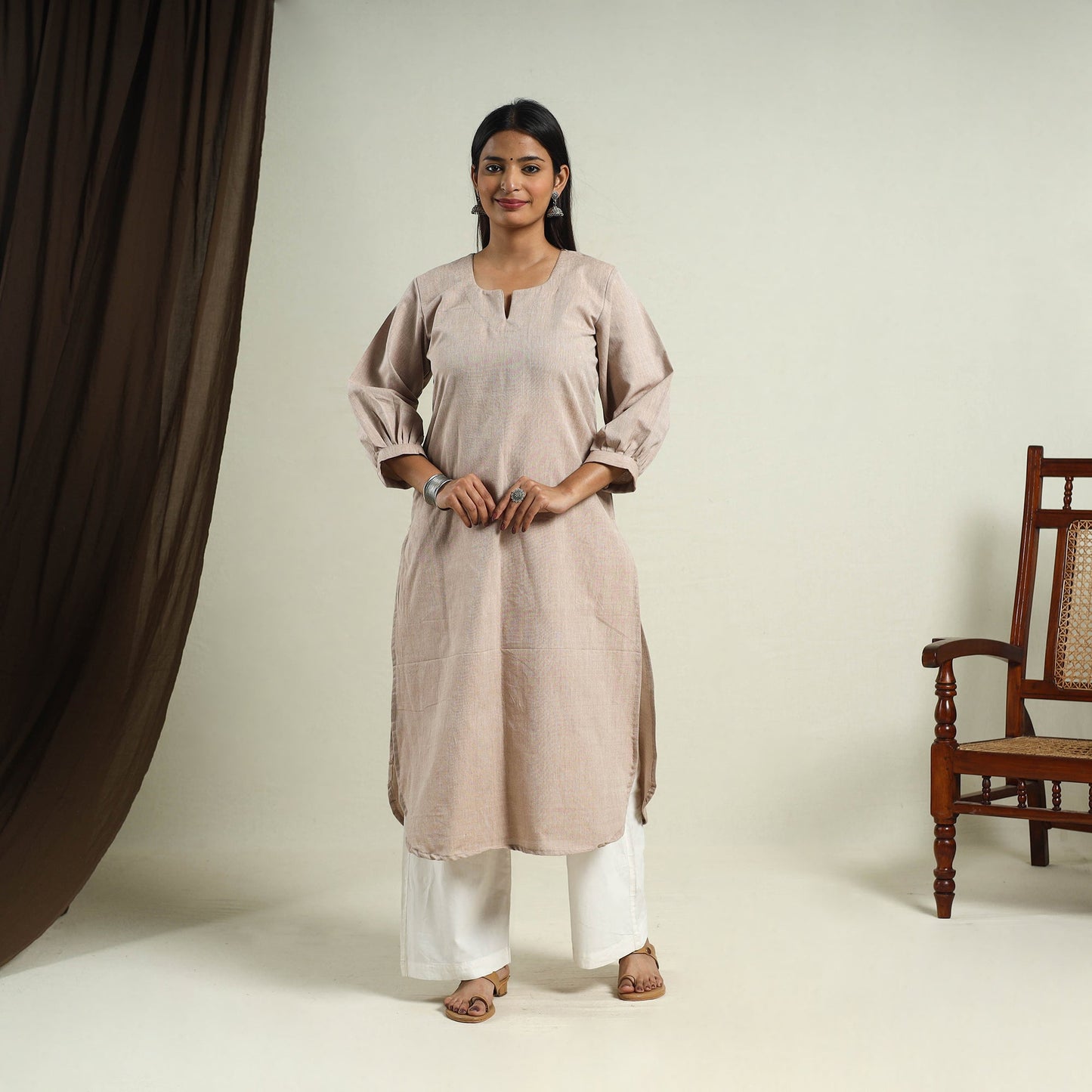  Beige Jhiri Handloom Straight Cotton Kurta for Women