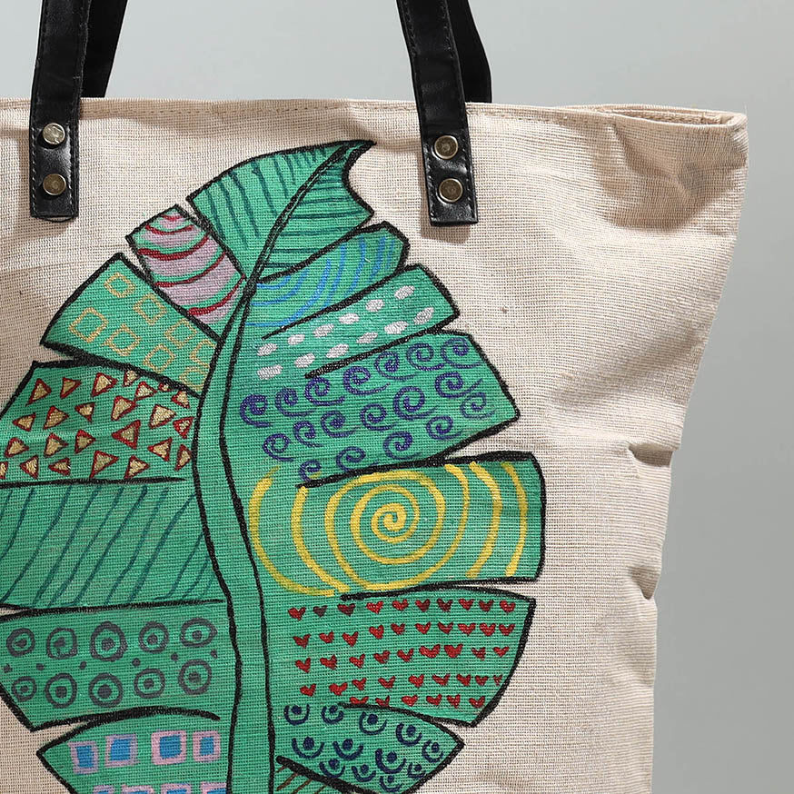 Off White Jute Cotton Handpainted Shoulder Bag