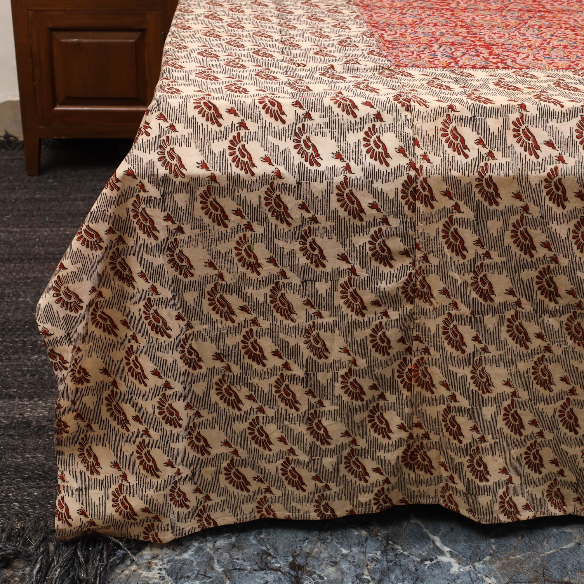 Block Sheet Set Beige Kalamkari Block Print Patchwork Natural Dyed Cotton Bedsheet Set