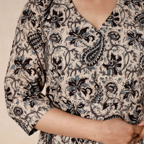 Beige - kalamkari block printed cotton flared gher dress
