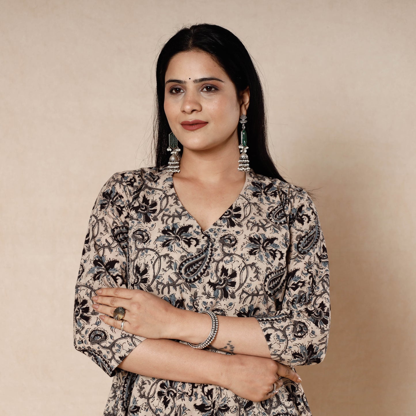 Beige - kalamkari block printed cotton flared gher dress