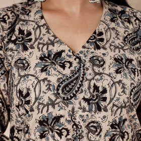 Beige - kalamkari block printed cotton flared gher dress