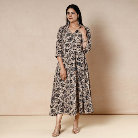 Beige - kalamkari block printed cotton flared gher dress