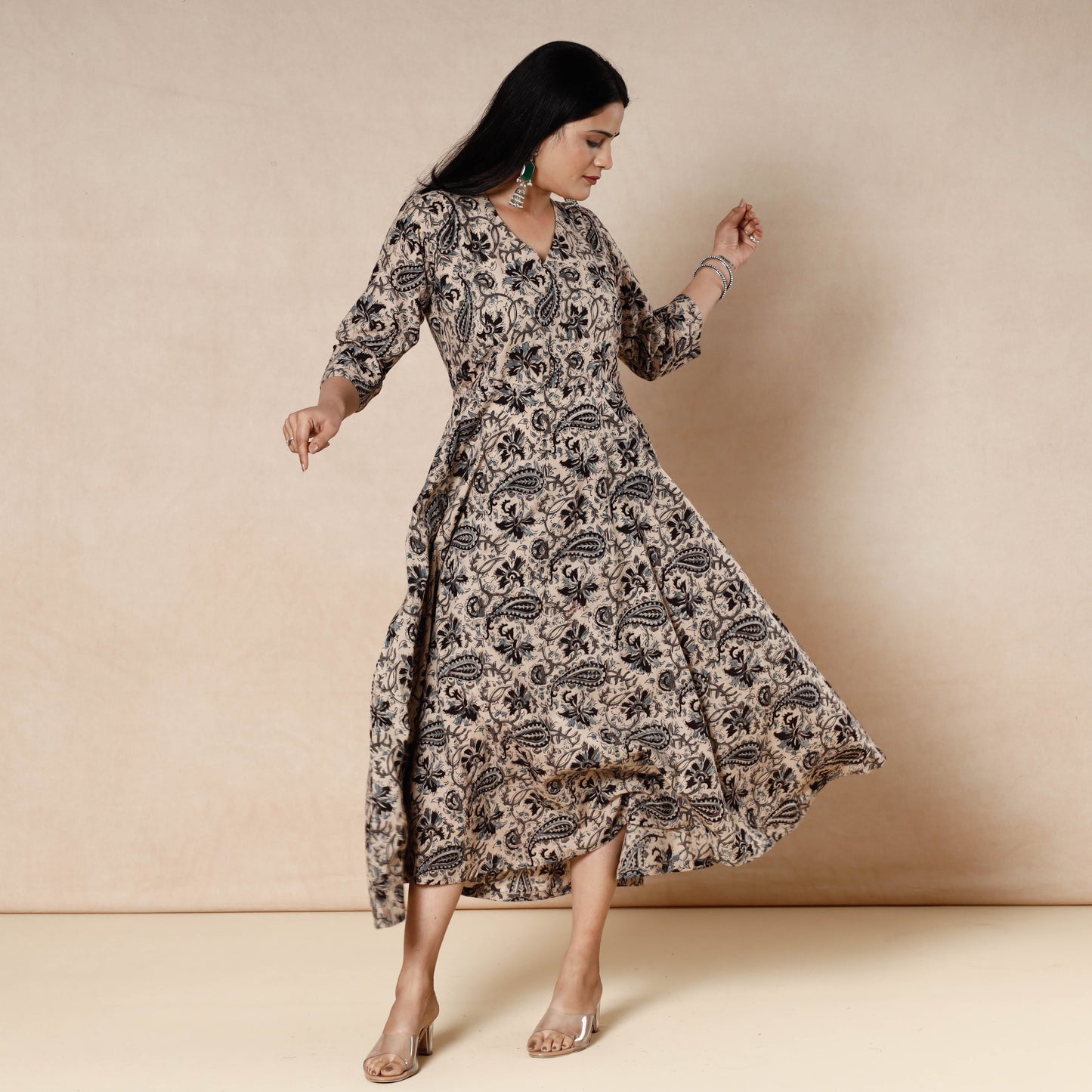 Beige - kalamkari block printed cotton flared gher dress