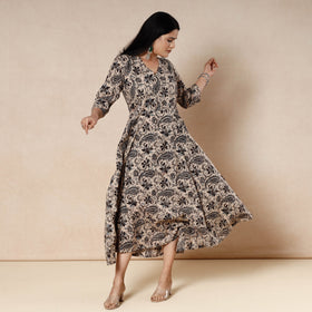 Beige - kalamkari block printed cotton flared gher dress
