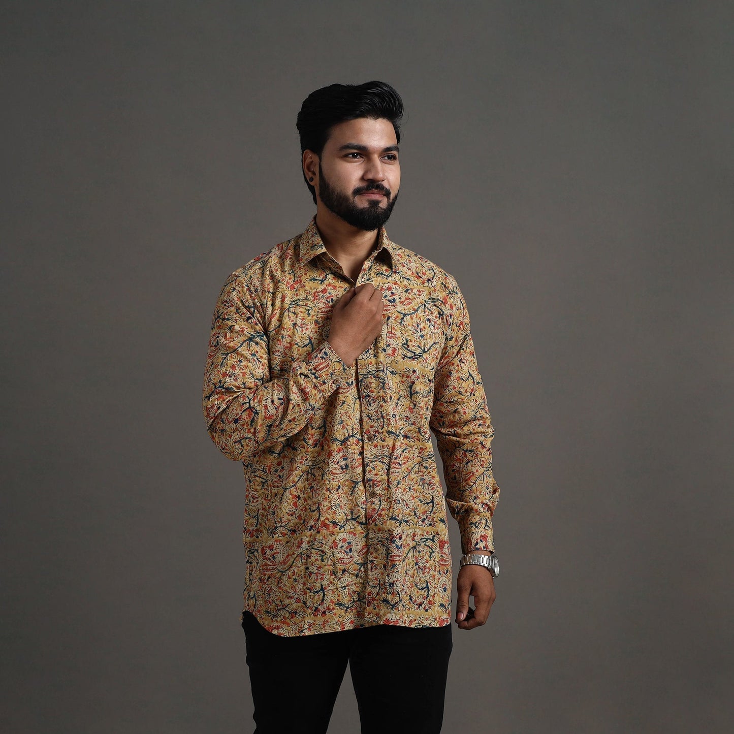  Beige Kalamkari Block Printed Cotton Men Full Sleeve Shirt