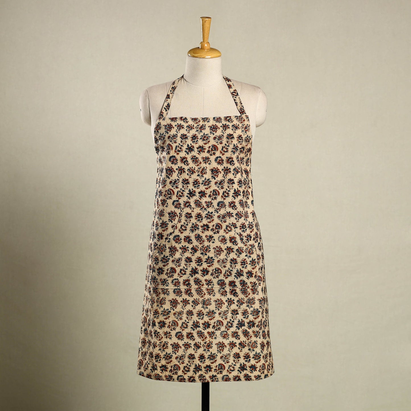 Beige Kalamkari Block Print Cotton Apron with Pocket