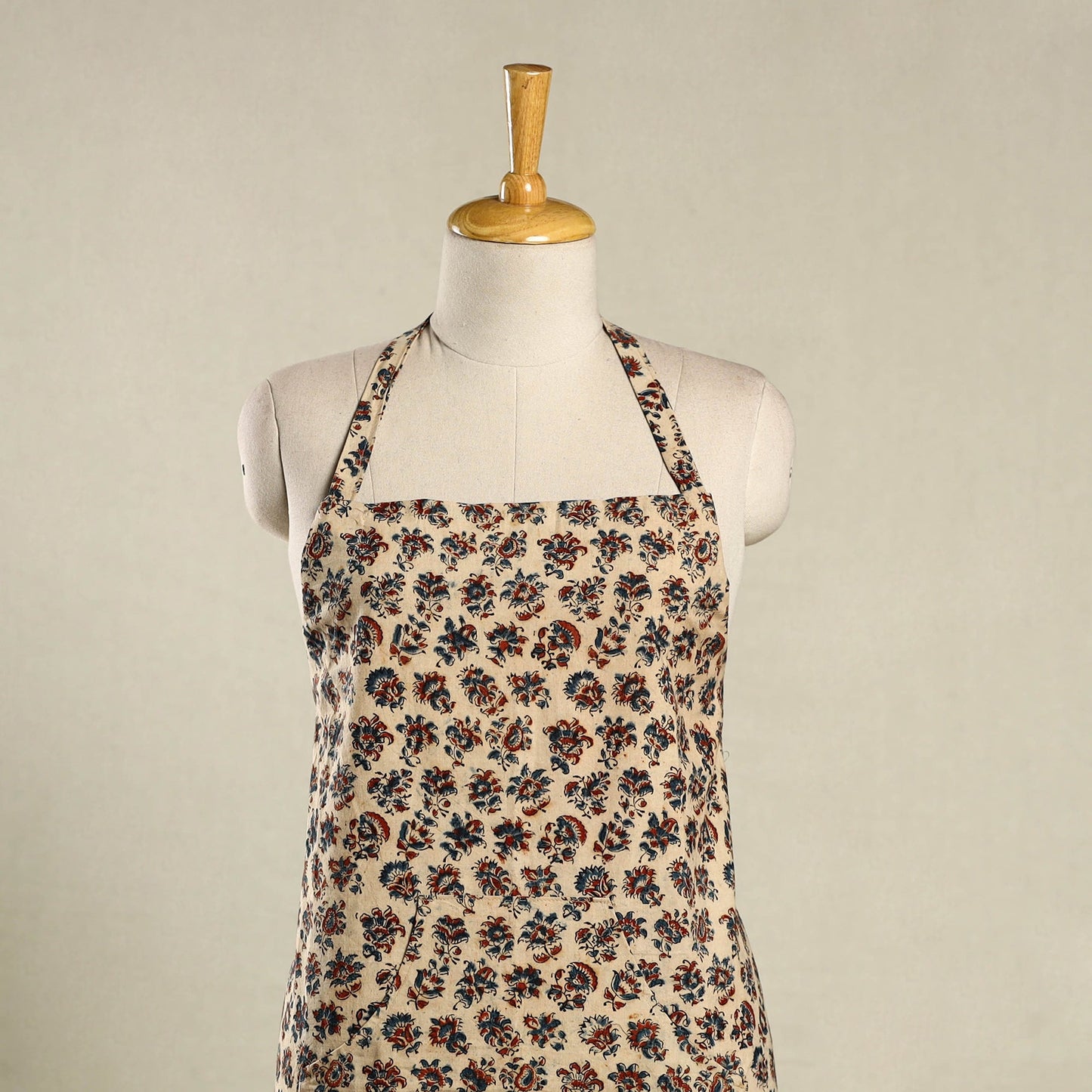 Beige Kalamkari Block Print Cotton Apron with Pocket