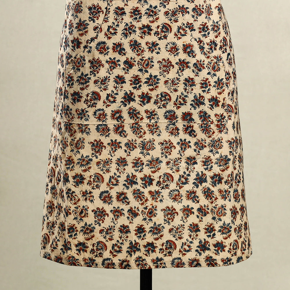 Beige Kalamkari Block Print Cotton Apron with Pocket