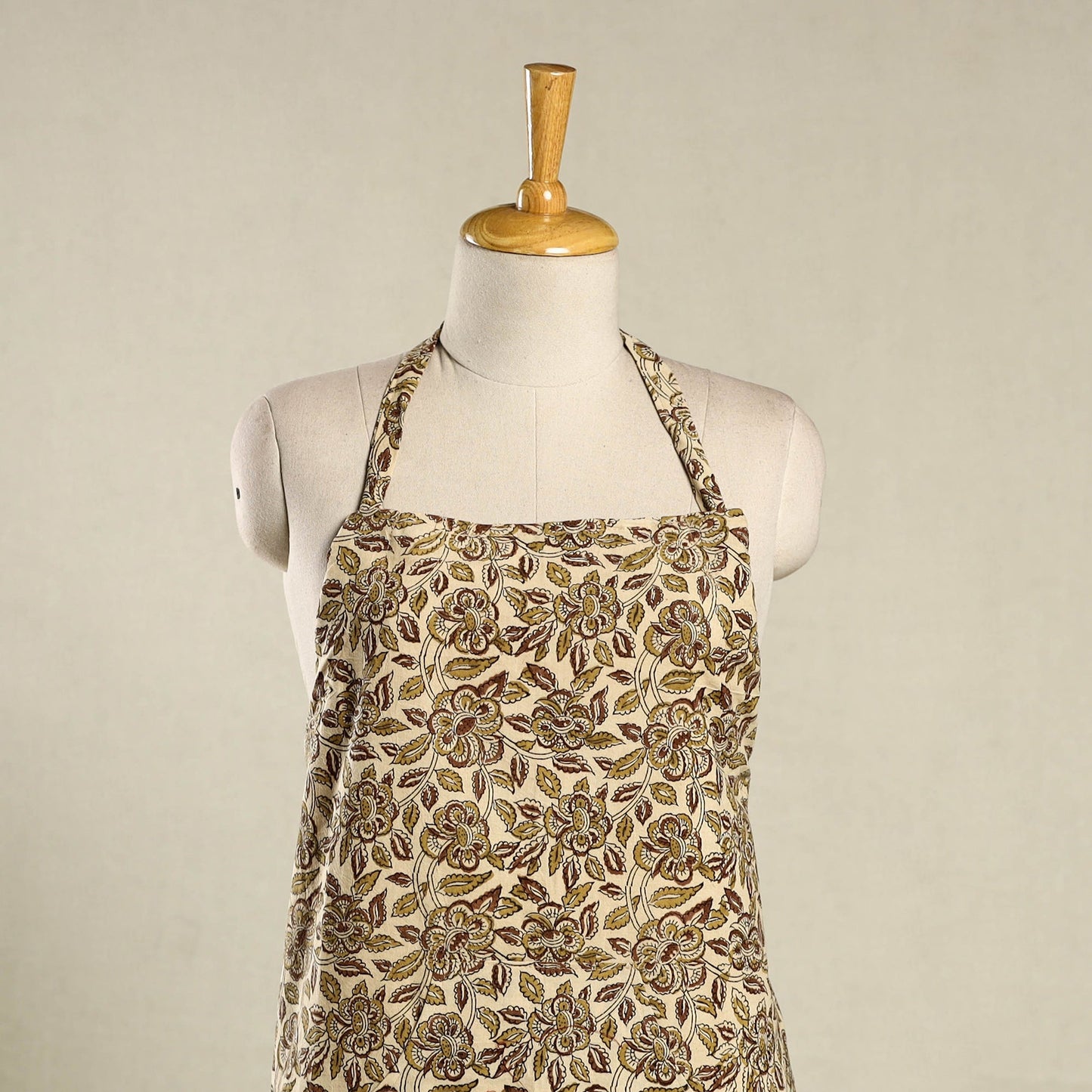 Beige Kalamkari Block Print Cotton Apron with Pocket
