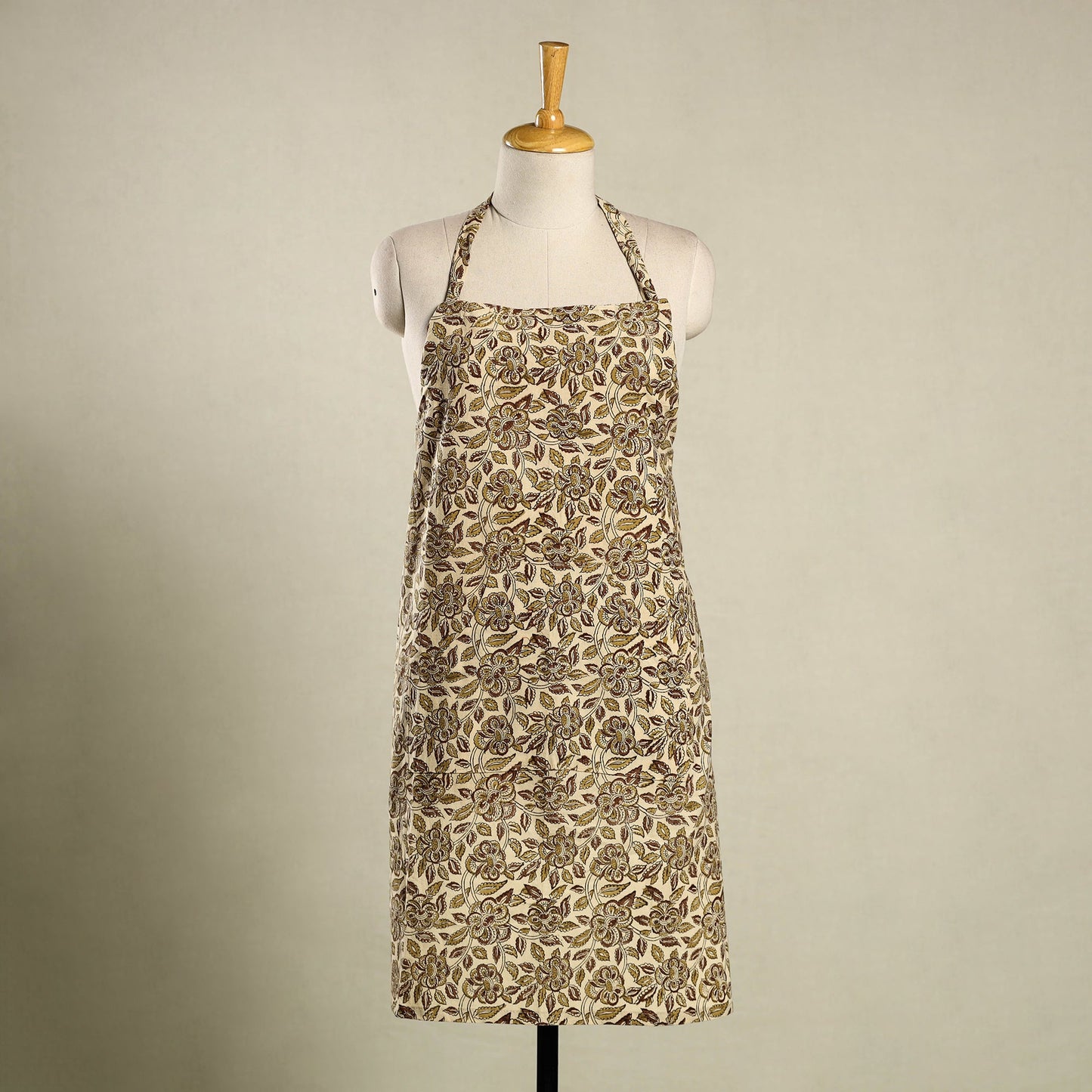 Beige Kalamkari Block Print Cotton Apron with Pocket