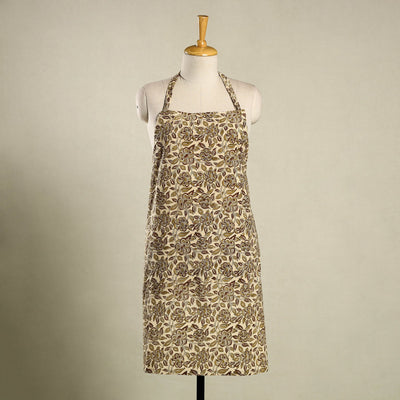 Beige Kalamkari Block Print Cotton Apron with Pocket