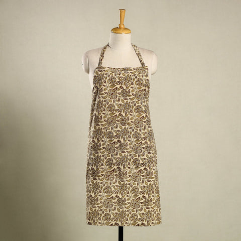 Beige Kalamkari Block Print Cotton Apron with Pocket