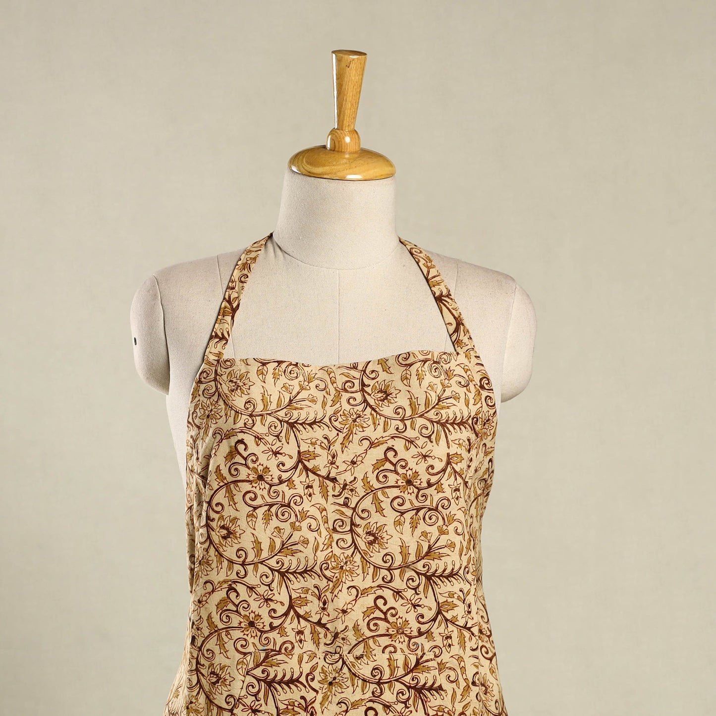 Beige - kalamkari cotton apron with pocket 11 - handcrafted