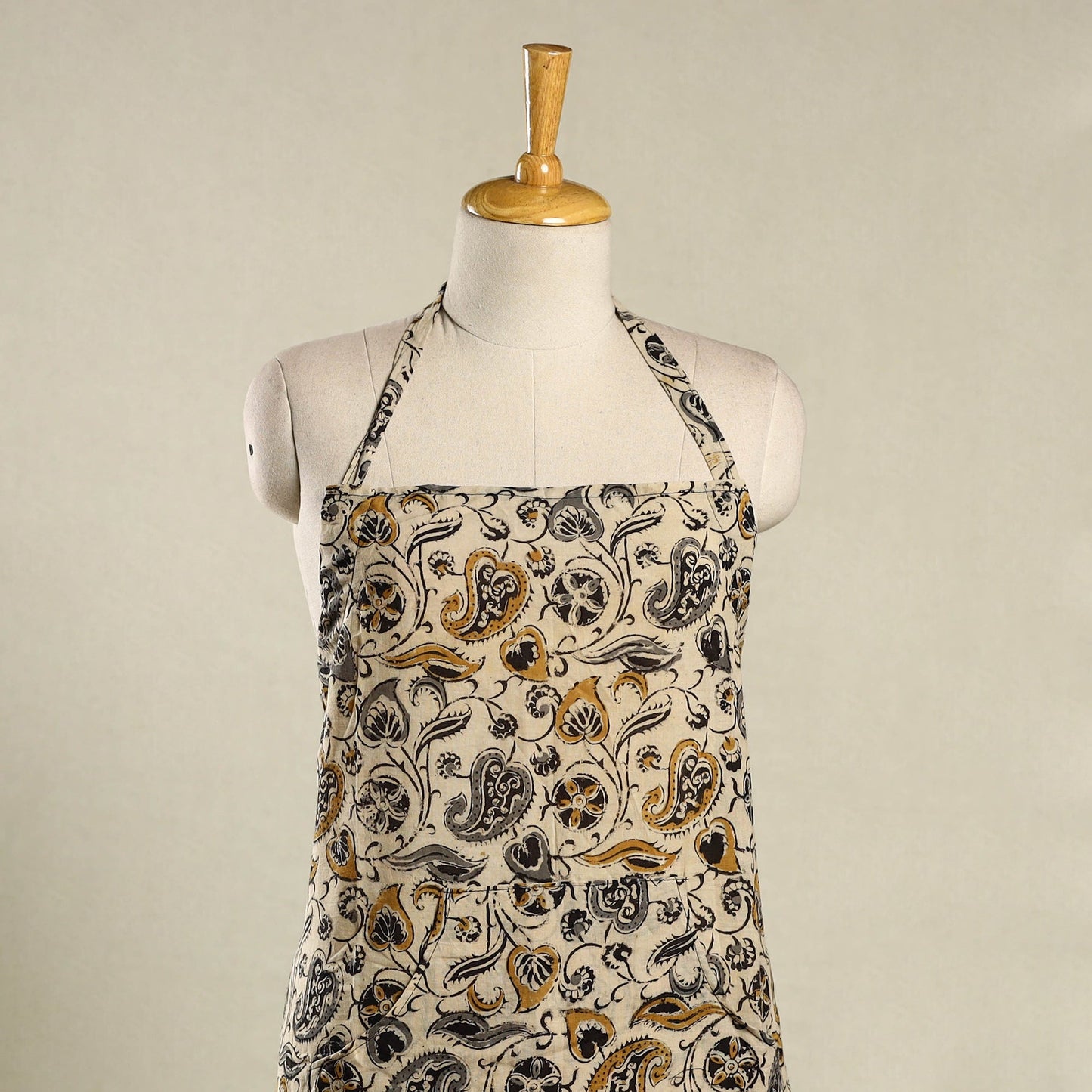 Beige - kalamkari cotton apron with pocket 21 - handcrafted