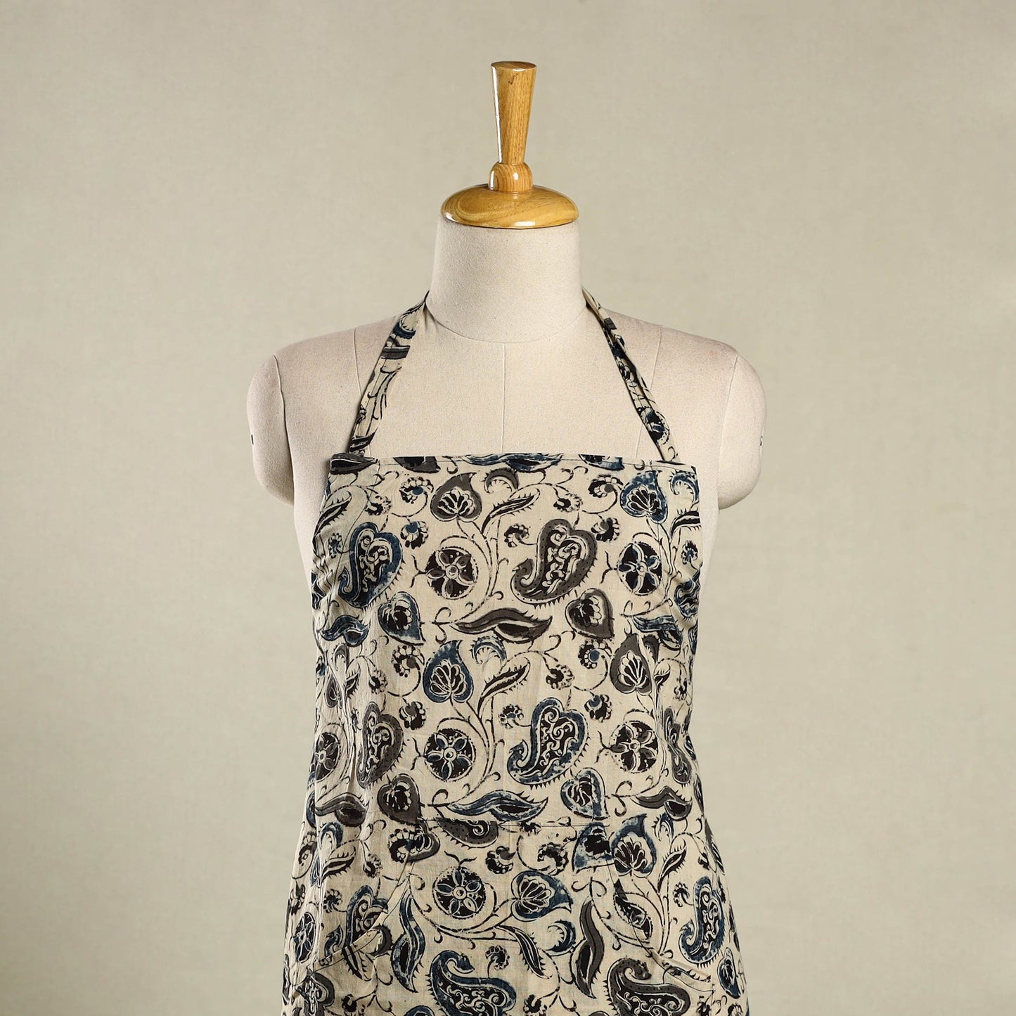 Beige Kalamkari Block Print Cotton Apron with Pocket