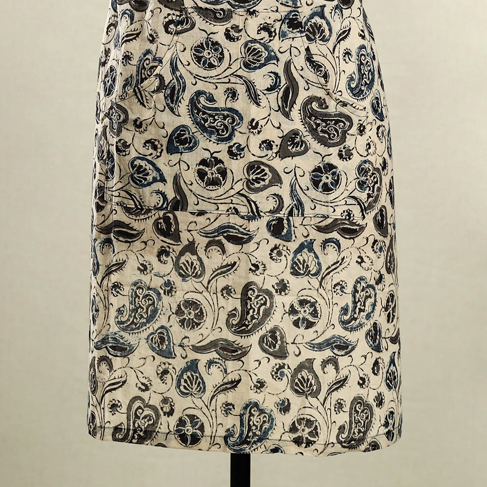 Beige Kalamkari Block Print Cotton Apron with Pocket
