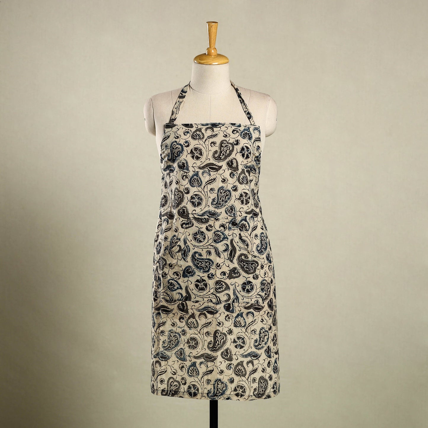 Beige Kalamkari Block Print Cotton Apron with Pocket