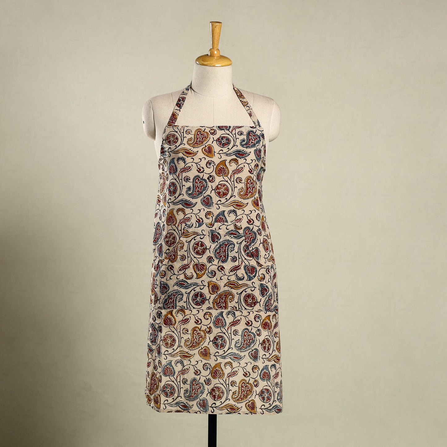 Beige - kalamkari cotton apron with pocket 40 - handcrafted