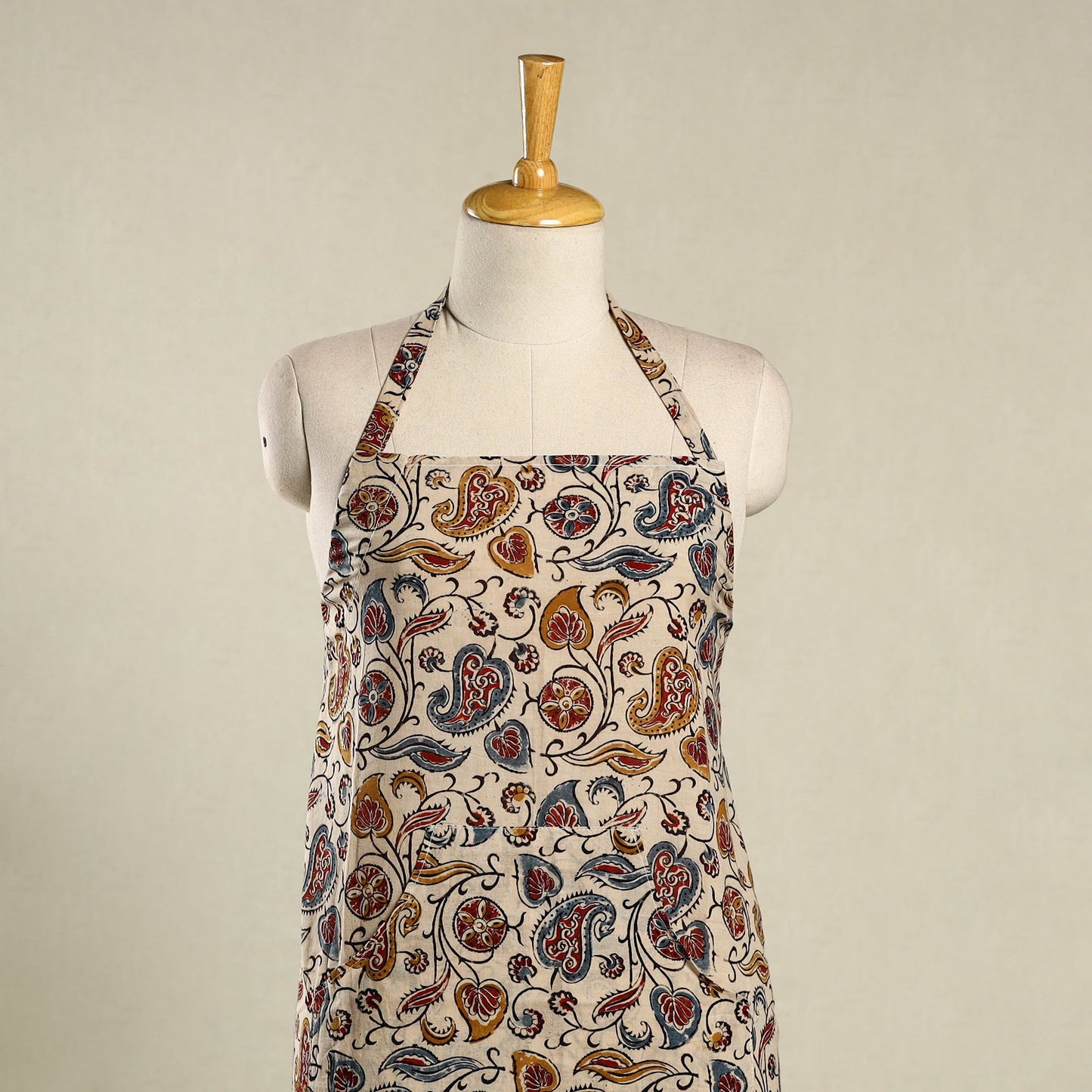 Beige - kalamkari cotton apron with pocket 40 - handcrafted