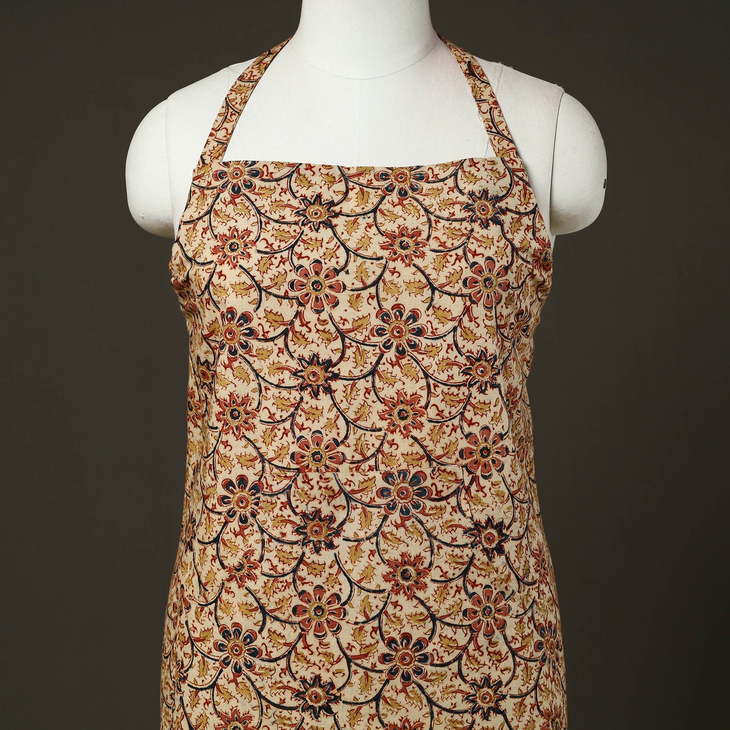 Beige - kalamkari cotton apron with pocket 47 - handcrafted