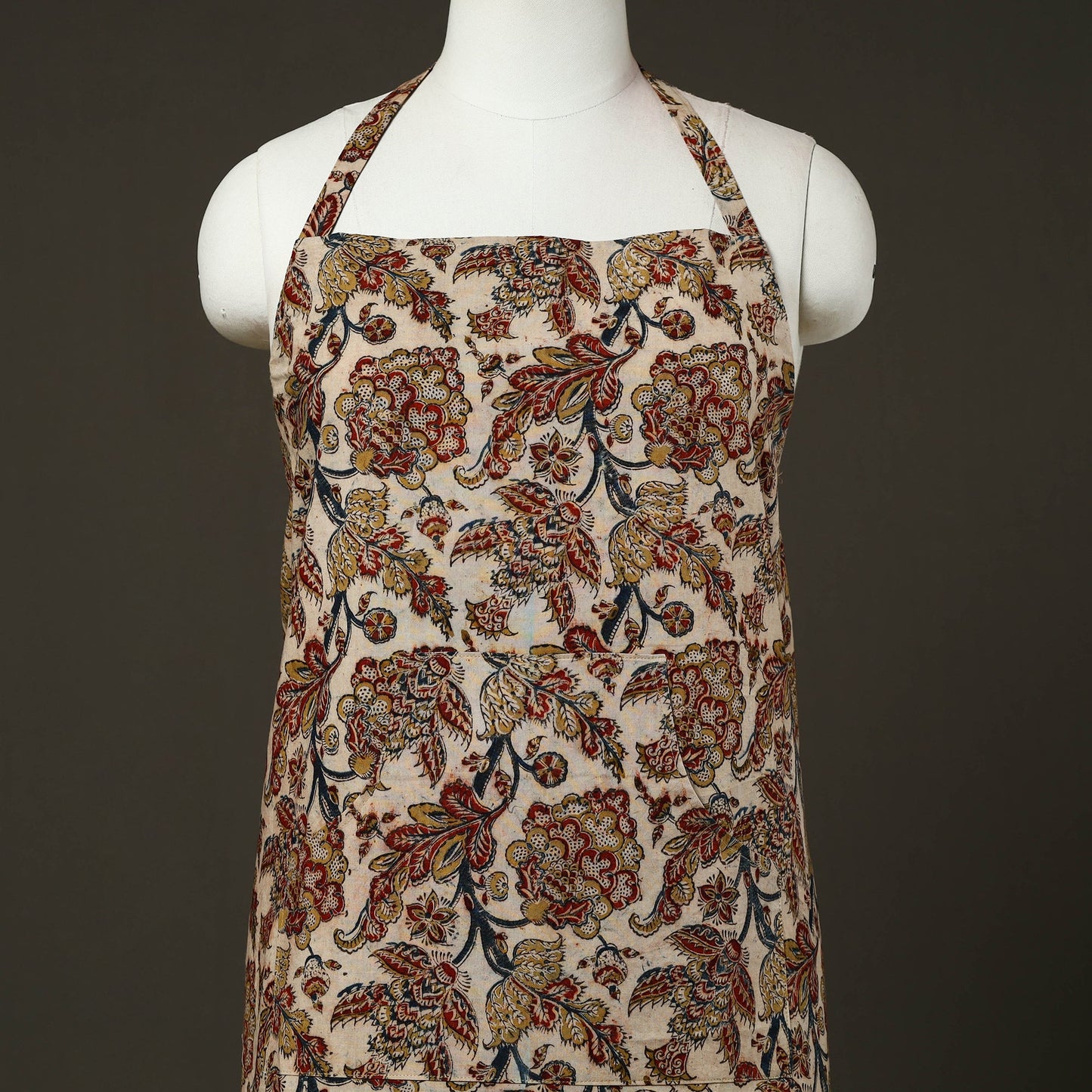 Beige Kalamkari Block Print Cotton Apron with Pocket