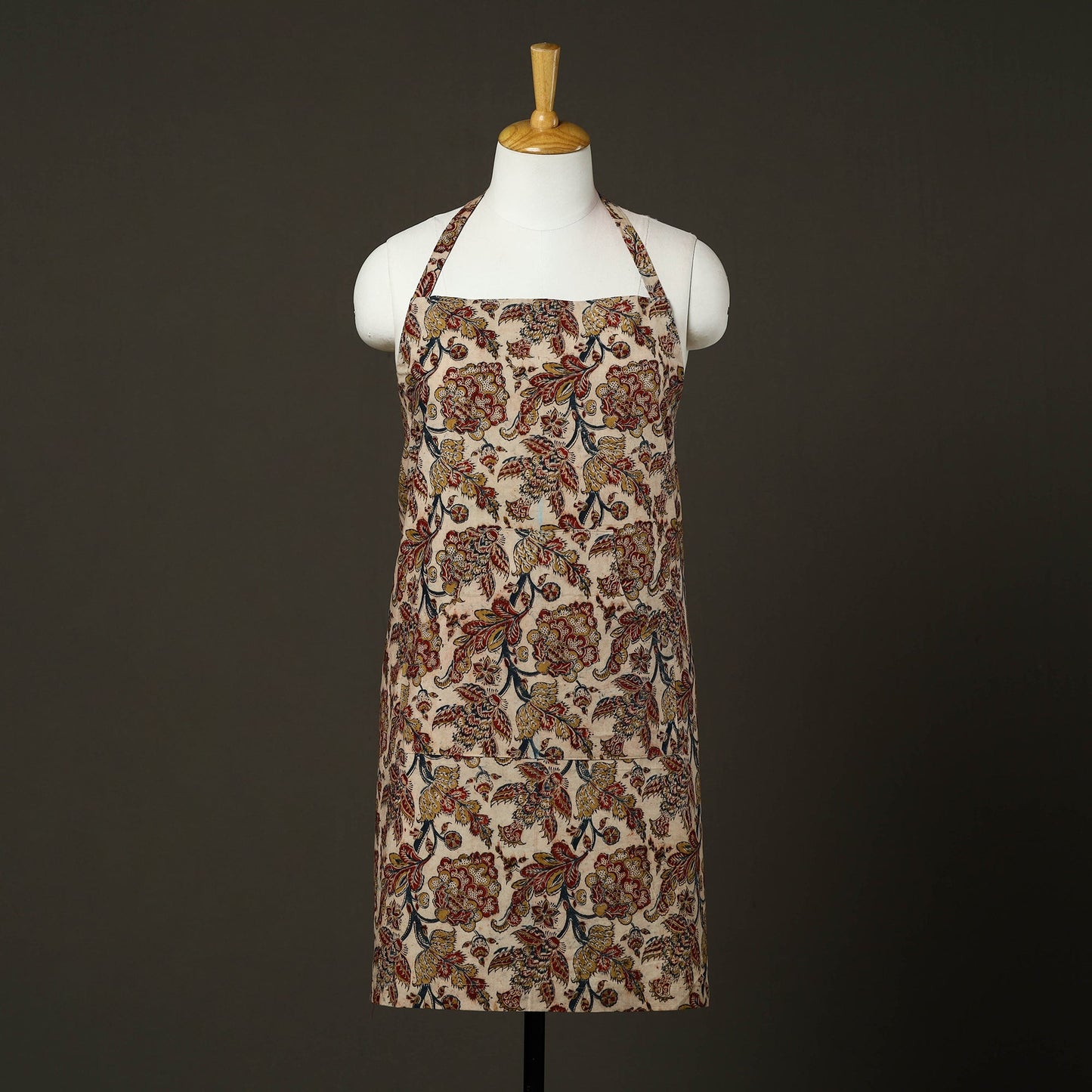 Beige Kalamkari Block Print Cotton Apron with Pocket