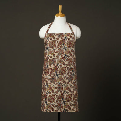 Beige Kalamkari Block Print Cotton Apron with Pocket