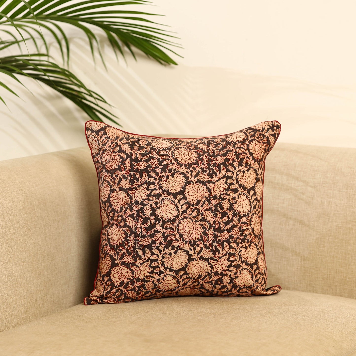  Beige Kalamkari Block Print Cotton Cushion Cover