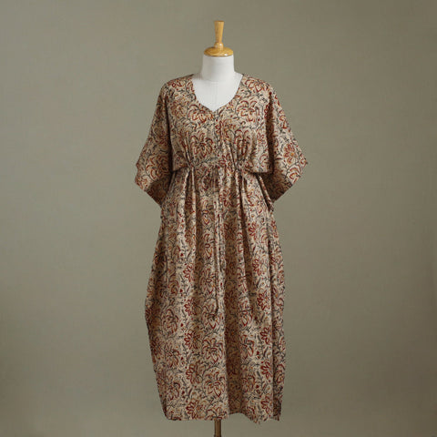 Beige Kalamkari Block Print Cotton Kaftan (Long)