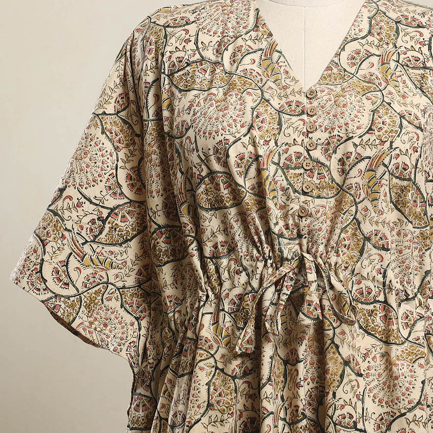 Buy Beige Kalamkari Block Print Cotton Kaftan