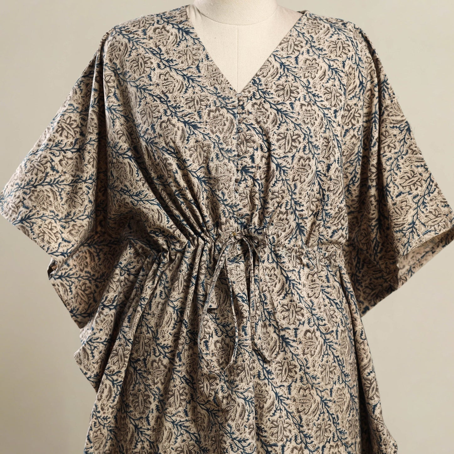 Beige Kalamkari Block Print Cotton Kaftan (Short)