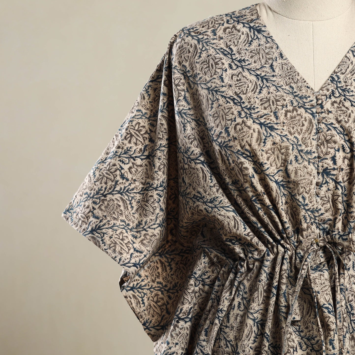 Beige Kalamkari Block Print Cotton Kaftan (Short)