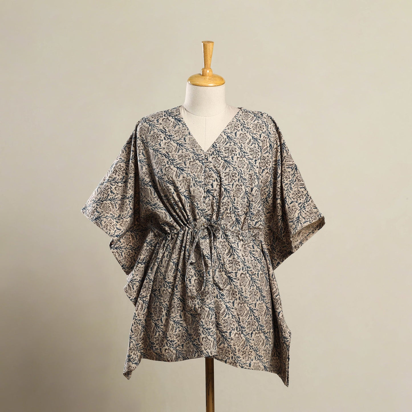 Beige Kalamkari Block Print Cotton Kaftan (Short)