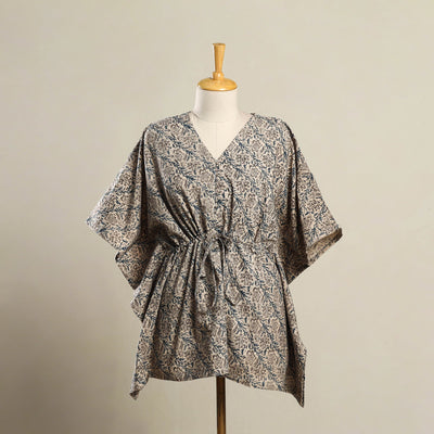 Beige Kalamkari Block Print Cotton Kaftan (Short)