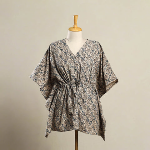 Beige Kalamkari Block Print Cotton Kaftan (Short)