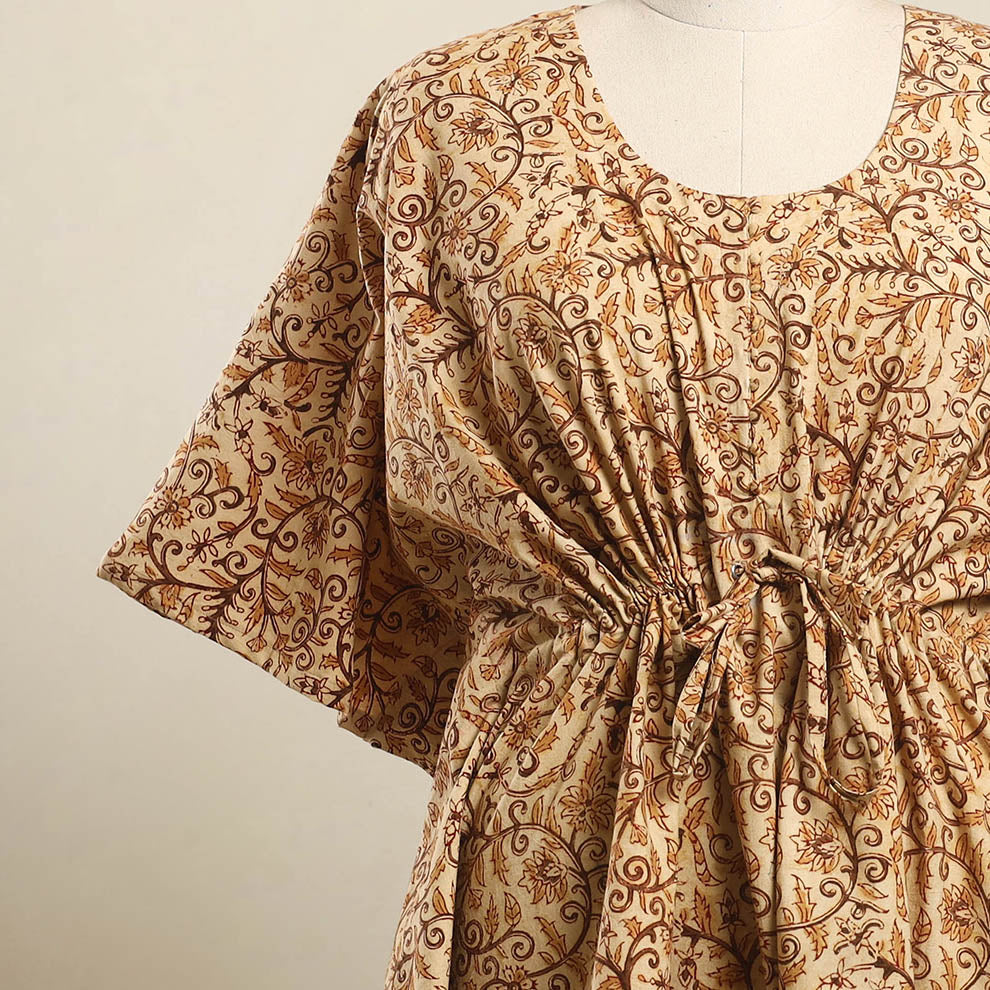 Buy Beige Kalamkari Block Print Cotton Kaftan